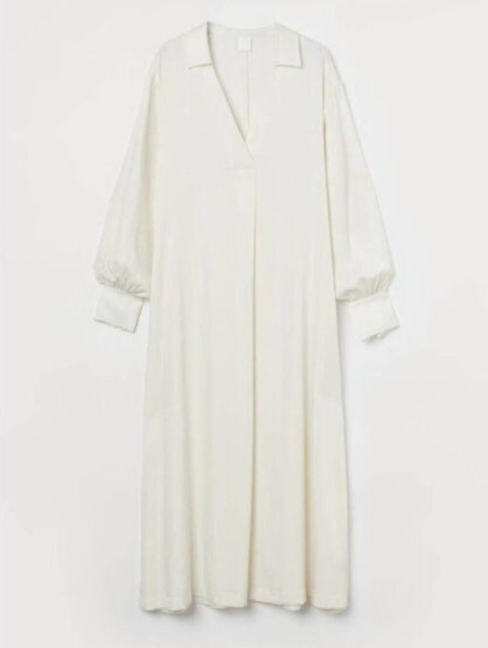 NWT H&M HM Cream V Neck Dress Wide Cut L/S Beach Kaftan Midi Shirt Collar MEDIUM
